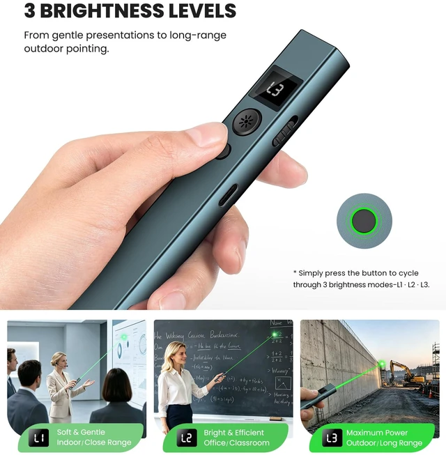 Alt view image 2 of 7 - Green Laser Pointer - Green Presentation Pointer Long Distance with USB Type C Charging - 3-Level Dimming, Outdoors Work& Office Meeting Presenter Tool, Includes Lanyard