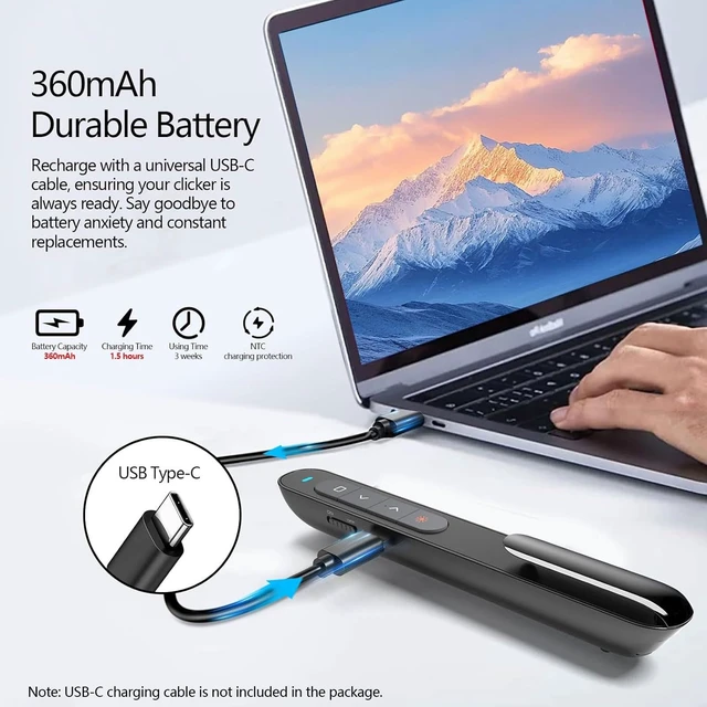 Alt view image 3 of 7 - Norwii N76 Bluetooth Presentation Clicker for PowerPoint Presentations | Green laser pointer, USB-C Rechargeable slide clicker, Presentation Remote with Customizable Button and portable pen clip