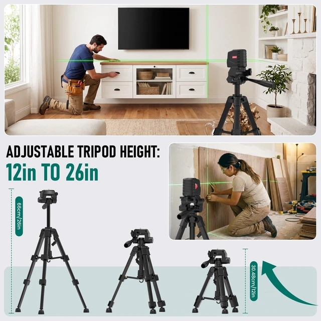 Alt view image 5 of 7 - Laser Level with 26 In Rotary Tripod, 100Ft Self Leveling Lazer Leveler Manual & Self-Leveling Modes, Green Cross Line Laser for Picture Hanging, Tile, DIY Construction - Laser class: II