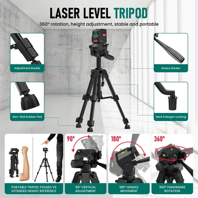 Alt view image 4 of 7 - Laser Level with 26 In Rotary Tripod, 100Ft Self Leveling Lazer Leveler Manual & Self-Leveling Modes, Green Cross Line Laser for Picture Hanging, Tile, DIY Construction - Laser class: II