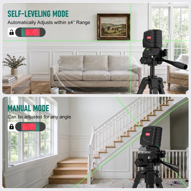 Alt view image 6 of 7 - Laser Level with 26 In Rotary Tripod, 100Ft Self Leveling Lazer Leveler Manual & Self-Leveling Modes, Green Cross Line Laser for Picture Hanging, Tile, DIY Construction - Laser class: II