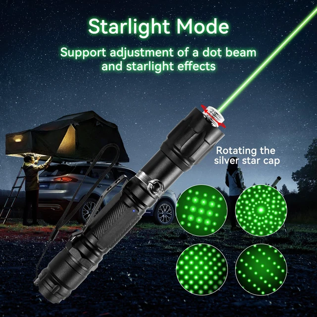 Alt view image 3 of 6 - Green Laser Pointer with Adjustable Star Cap, Type-C Rechargeable | Single-dot and star patterns, metal body, pocket clip, for Outdoor Use, TV/LED/LCD Screens, Astronomy and Presentations