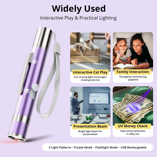 Alt view image 7 of 7 - Cat Toys, Rechargeable, Interactive USB Chase Toy for Cats & Kittens | 3 Light Modes & 5 Fun Patterns, Purple Metal Casing with Paw Print, Automatic Training & Exercise Toys for Indoor Dog, Pet