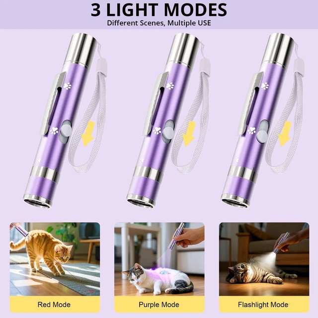 Alt view image 3 of 7 - Cat Toys, Rechargeable, Interactive USB Chase Toy for Cats & Kittens | 3 Light Modes & 5 Fun Patterns, Purple Metal Casing with Paw Print, Automatic Training & Exercise Toys for Indoor Dog, Pet