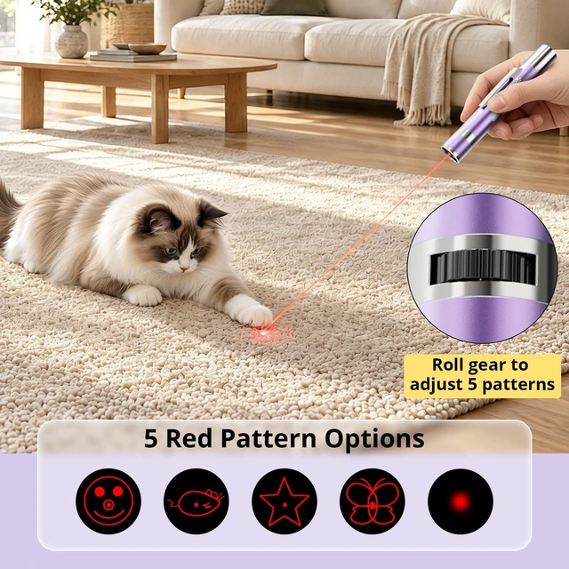 Alt view image 4 of 7 - Cat Toys, Rechargeable, Interactive USB Chase Toy for Cats & Kittens | 3 Light Modes & 5 Fun Patterns, Purple Metal Casing with Paw Print, Automatic Training & Exercise Toys for Indoor Dog, Pet