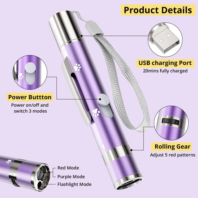 Alt view image 6 of 7 - Cat Toys, Rechargeable, Interactive USB Chase Toy for Cats & Kittens | 3 Light Modes & 5 Fun Patterns, Purple Metal Casing with Paw Print, Automatic Training & Exercise Toys for Indoor Dog, Pet