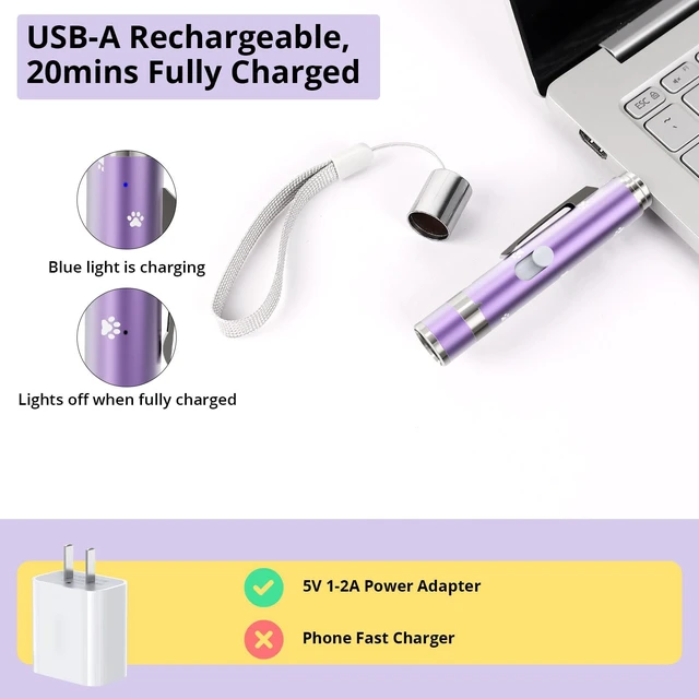Alt view image 5 of 7 - Cat Toys, Rechargeable, Interactive USB Chase Toy for Cats & Kittens | 3 Light Modes & 5 Fun Patterns, Purple Metal Casing with Paw Print, Automatic Training & Exercise Toys for Indoor Dog, Pet