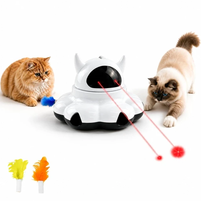 Main image of Automatic cat laser toy, 2-in-1 Interactive with Randomly Moving Feather | Adjustable laser angle, Replaceable Feather, Weighted Anti-slip Base, USB Powered, Self Play for Indoor Kitty Exercise, White