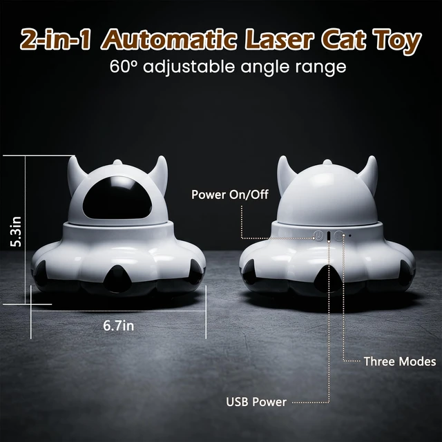 Alt view image 2 of 7 - Automatic cat laser toy, 2-in-1 Interactive with Randomly Moving Feather | Adjustable laser angle, Replaceable Feather, Weighted Anti-slip Base, USB Powered, Self Play for Indoor Kitty Exercise, White