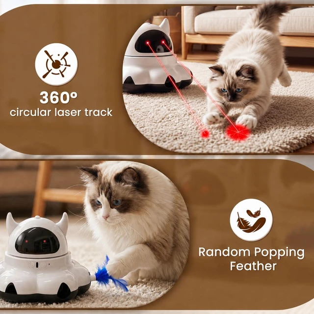 Alt view image 3 of 7 - Automatic cat laser toy, 2-in-1 Interactive with Randomly Moving Feather | Adjustable laser angle, Replaceable Feather, Weighted Anti-slip Base, USB Powered, Self Play for Indoor Kitty Exercise, White