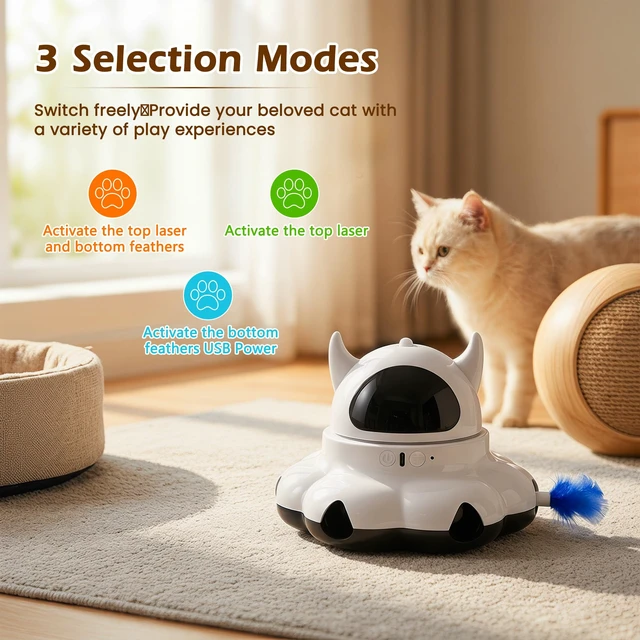 Alt view image 4 of 7 - Automatic cat laser toy, 2-in-1 Interactive with Randomly Moving Feather | Adjustable laser angle, Replaceable Feather, Weighted Anti-slip Base, USB Powered, Self Play for Indoor Kitty Exercise, White