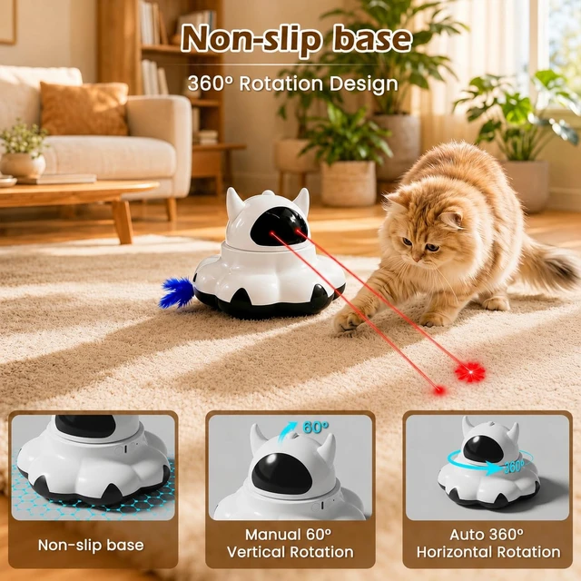 Alt view image 6 of 7 - Automatic cat laser toy, 2-in-1 Interactive with Randomly Moving Feather | Adjustable laser angle, Replaceable Feather, Weighted Anti-slip Base, USB Powered, Self Play for Indoor Kitty Exercise, White