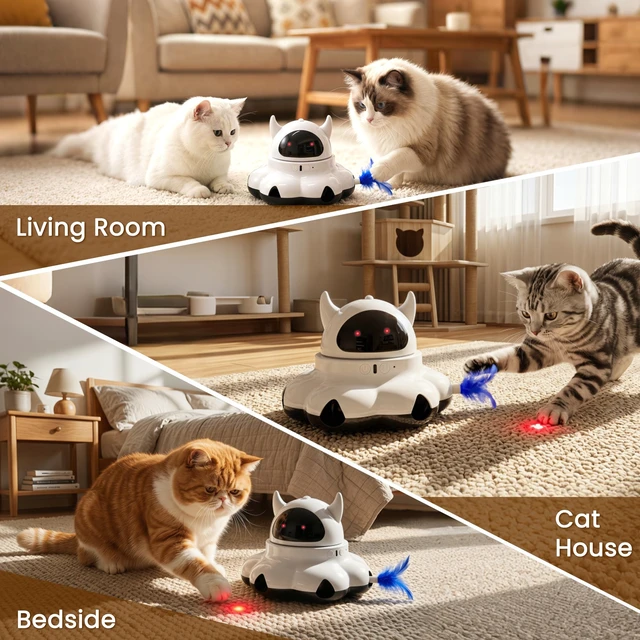 Alt view image 7 of 7 - Automatic cat laser toy, 2-in-1 Interactive with Randomly Moving Feather | Adjustable laser angle, Replaceable Feather, Weighted Anti-slip Base, USB Powered, Self Play for Indoor Kitty Exercise, White