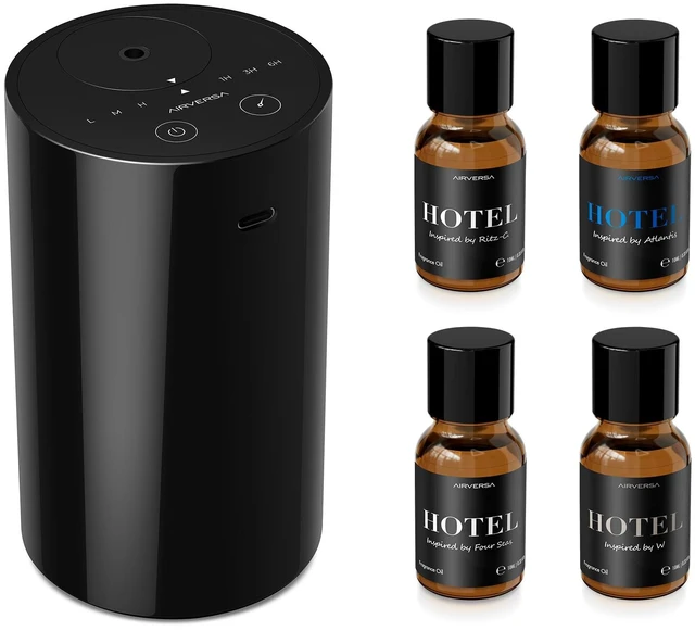 Main image of AN8 Waterless Essential Oil Diffuser Starter Kit, Black | 4 x 10mL Hotel Scent Fragrance Oi, Up to 600 sq ft, Battery Operated, Portable for Home Car Office, AN8Kit-4x10-01