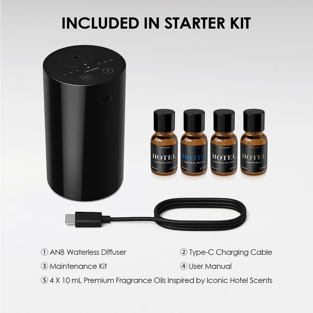 Alt view image 4 of 7 - AN8 Waterless Essential Oil Diffuser Starter Kit, Black | 4 x 10mL Hotel Scent Fragrance Oi, Up to 600 sq ft, Battery Operated, Portable for Home Car Office, AN8Kit-4x10-01