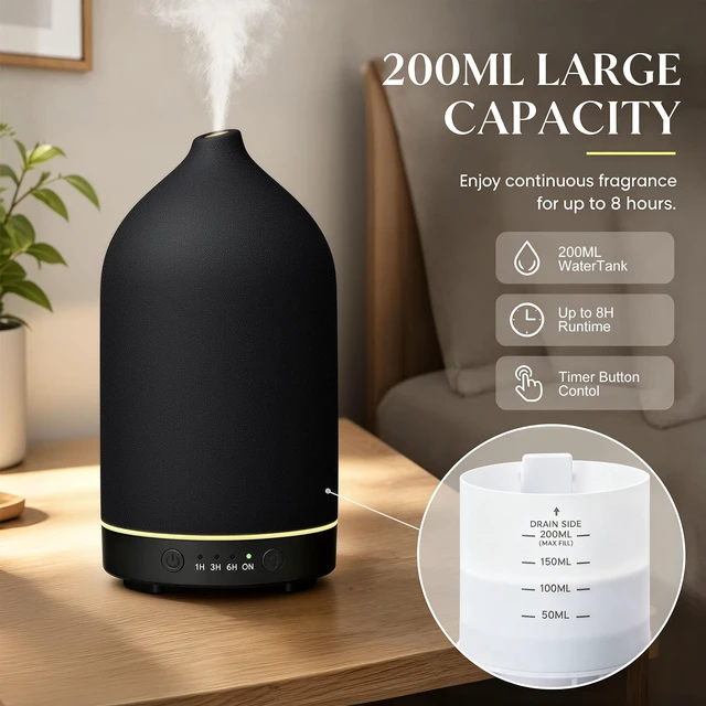 Alt view image 3 of 7 - 200ML Ceramic Essential Oil Diffuser for Home, Stone Diffuser | Ultrasonic Aromatherapy Diffuser & Air Humidifier for Bedroom, Office, Yoga, 7 LED Lights, Auto Shut-Off, 3 Timers, Black