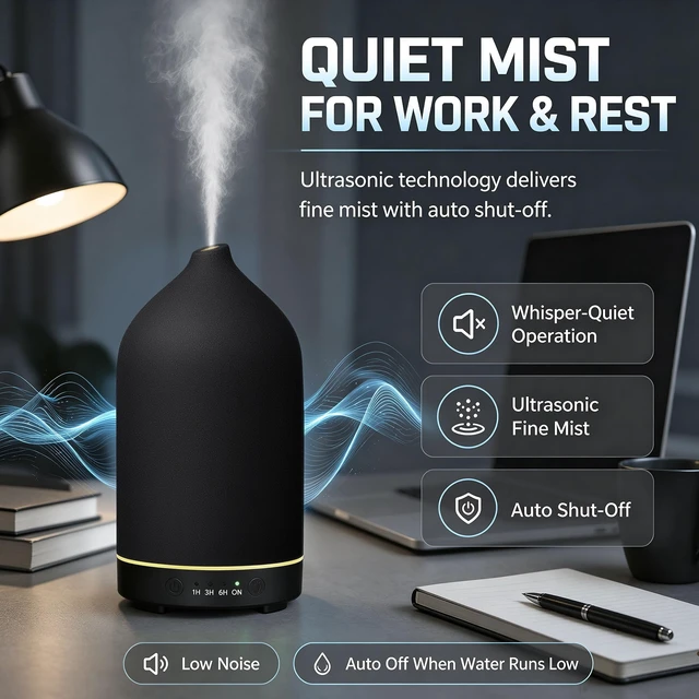 Alt view image 5 of 7 - 200ML Ceramic Essential Oil Diffuser for Home, Stone Diffuser | Ultrasonic Aromatherapy Diffuser & Air Humidifier for Bedroom, Office, Yoga, 7 LED Lights, Auto Shut-Off, 3 Timers, Black