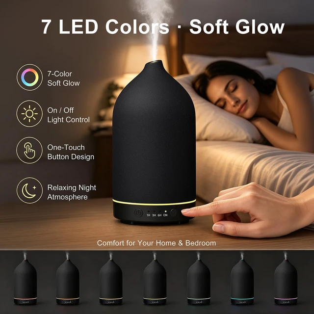 Alt view image 4 of 7 - 200ML Ceramic Essential Oil Diffuser for Home, Stone Diffuser | Ultrasonic Aromatherapy Diffuser & Air Humidifier for Bedroom, Office, Yoga, 7 LED Lights, Auto Shut-Off, 3 Timers, Black