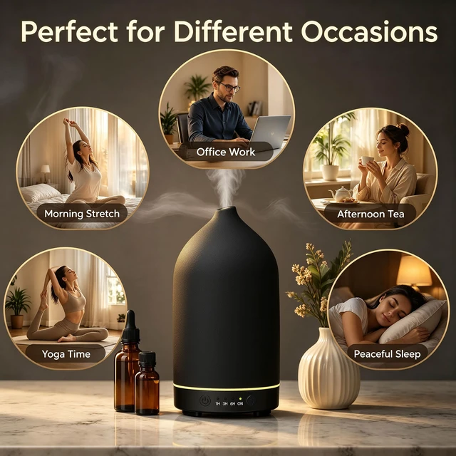 Alt view image 6 of 7 - 200ML Ceramic Essential Oil Diffuser for Home, Stone Diffuser | Ultrasonic Aromatherapy Diffuser & Air Humidifier for Bedroom, Office, Yoga, 7 LED Lights, Auto Shut-Off, 3 Timers, Black