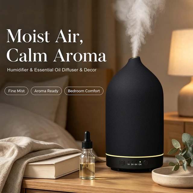 Alt view image 7 of 7 - 200ML Ceramic Essential Oil Diffuser for Home, Stone Diffuser | Ultrasonic Aromatherapy Diffuser & Air Humidifier for Bedroom, Office, Yoga, 7 LED Lights, Auto Shut-Off, 3 Timers, Black