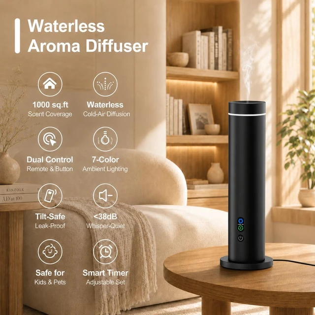 Alt view image 2 of 7 - Waterless Essential Oil Diffuser, Metal Scent Diffuser, Black | Includes 6 essential oils, AC powered, 1000 sq.ft coverage for home, office & hotel, aluminum alloy body, remote control