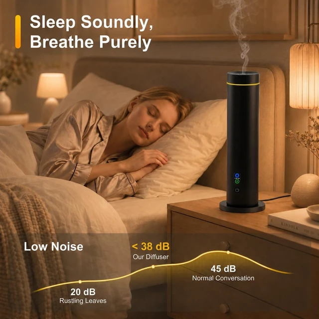 Alt view image 3 of 7 - Waterless Essential Oil Diffuser, Metal Scent Diffuser, Black | Includes 6 essential oils, AC powered, 1000 sq.ft coverage for home, office & hotel, aluminum alloy body, remote control