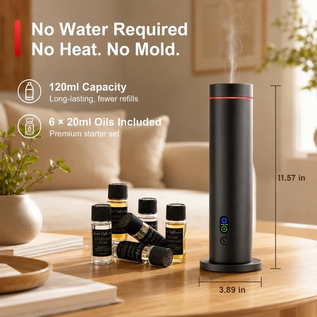 Alt view image 7 of 7 - Waterless Essential Oil Diffuser, Metal Scent Diffuser, Black | Includes 6 essential oils, AC powered, 1000 sq.ft coverage for home, office & hotel, aluminum alloy body, remote control