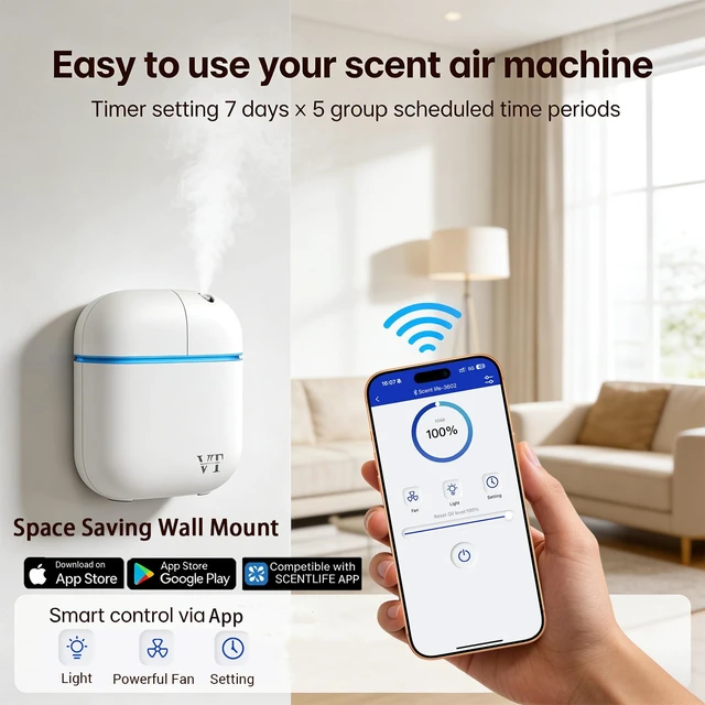 Alt view image 7 of 7 - Waterless Essential Oil Diffuser 3000 Sq.Ft,Home Hotel Office Use,Cold Air Scent Machine,(Scent Kit 2*Fragrances Included) Bluetooth App Control,LED Light,Wall-Mounted Aroma Diffuser