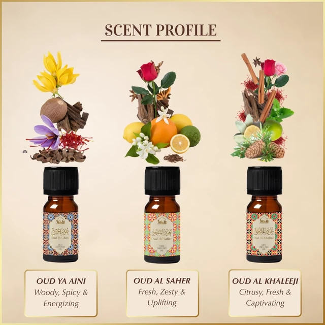 Alt view image 2 of 6 - Arabian Oudh Diffuser Oil Set | 3x10ml Oud Essential Oil for Home | Assorted Oud Fragrance Oil for Electric Burner, Oil Diffuser | For Aromatherapy, Relaxation & Massage | Muslim Gifts
