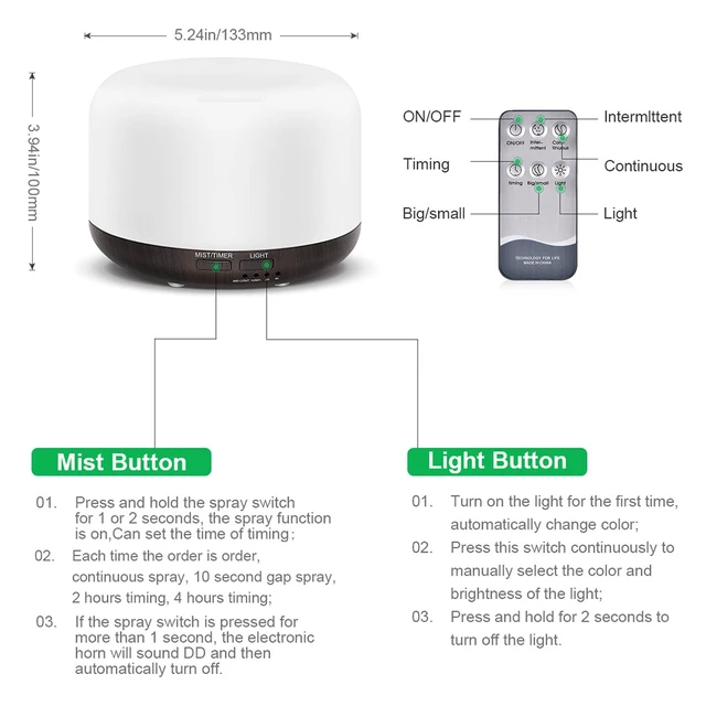 Alt view image 5 of 6 - 300ML Essential Oil Diffuser with Remote Control,Ultrasonic Aromatherapy Air Diffuser Humidifier,Aroma Diffuser with 7 LED Color Changing Light for Large Room,Home (Dark Wood Grain)