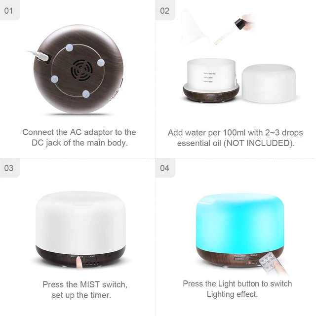 Alt view image 6 of 6 - 300ML Essential Oil Diffuser with Remote Control,Ultrasonic Aromatherapy Air Diffuser Humidifier,Aroma Diffuser with 7 LED Color Changing Light for Large Room,Home (Dark Wood Grain)