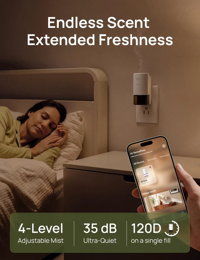 Alt view image 5 of 7 - Essential Oil Diffuser for Home, Smart Waterless Diffuser SF101S Pro, Plug in Room Scent with Timer & 120-Day Natural Aroma, Bitter Orange Leaf(Khaki Green