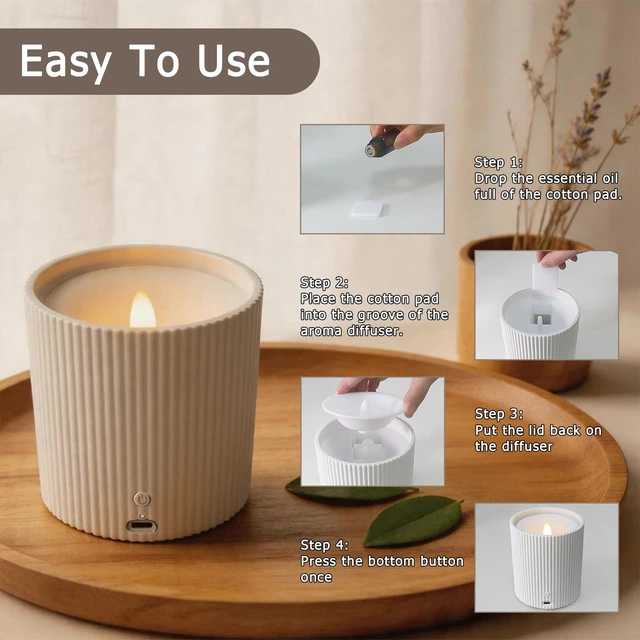 Alt view image 2 of 7 - NO-Battery LED Candle Waterless Diffuser and 3D Wick and Realistic Flame Candle,2 in 1 Flameless Candle Diffuser,Waterless Essential Oil Diffuser with 12PCS Cotton Pads(Only Connect USB Line Use)