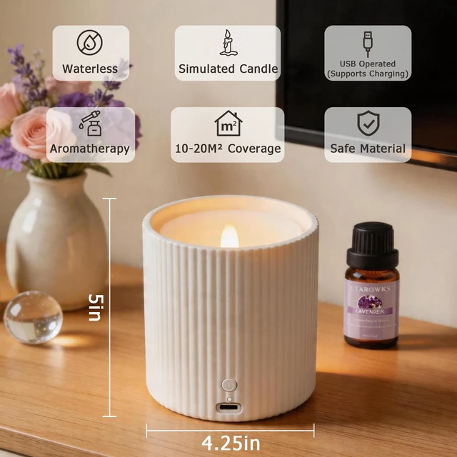 Alt view image 3 of 7 - NO-Battery LED Candle Waterless Diffuser and 3D Wick and Realistic Flame Candle,2 in 1 Flameless Candle Diffuser,Waterless Essential Oil Diffuser with 12PCS Cotton Pads(Only Connect USB Line Use)