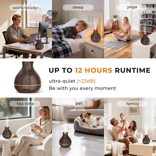 Alt view image 3 of 7 - Aromatherapy Essential Oil Diffuser, 550ml Ultrasonic Fragrant Oil Large Room Humidifier, Diffusers for Home with Timer and Waterless Auto-Off, 7 Color LED Lights,Cool Mist Humidifiers