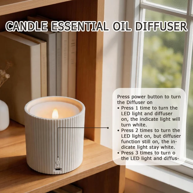 Alt view image 6 of 7 - NO-Battery LED Candle Waterless Diffuser and 3D Wick and Realistic Flame Candle,2 in 1 Flameless Candle Diffuser,Waterless Essential Oil Diffuser with 12PCS Cotton Pads(Only Connect USB Line Use)