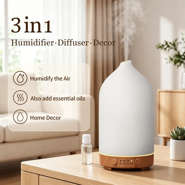 Alt view image 5 of 7 - 200ML Ceramic Essential Oil Diffuser for Home, Stone Diffuser | Ultrasonic Aromatherapy Diffuser & Air Humidifier for Bedroom, Office, Yoga, 7 LED Lights, Auto Shut-Off, 3 Timers,Wood Grain