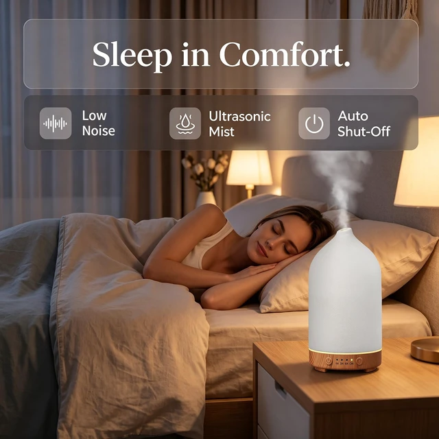 Alt view image 6 of 7 - 200ML Ceramic Essential Oil Diffuser for Home, Stone Diffuser | Ultrasonic Aromatherapy Diffuser & Air Humidifier for Bedroom, Office, Yoga, 7 LED Lights, Auto Shut-Off, 3 Timers,Wood Grain