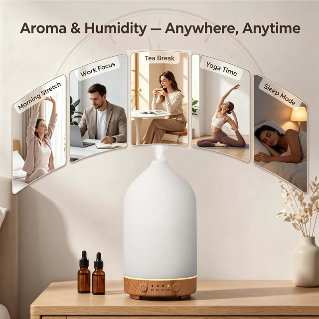 Alt view image 7 of 7 - 200ML Ceramic Essential Oil Diffuser for Home, Stone Diffuser | Ultrasonic Aromatherapy Diffuser & Air Humidifier for Bedroom, Office, Yoga, 7 LED Lights, Auto Shut-Off, 3 Timers,Wood Grain