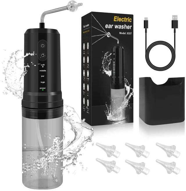 Main image of Ear Wax Removal, Electric Ear Irrigation Flushing System, Water Powered Ear Cleaner with 4 Pressure Modes, 6 Reusable Replacement Tips, Safe and Effective Ear Cleaning Tool for Adults (Black)