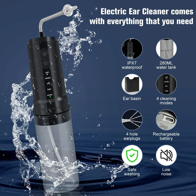Alt view image 3 of 7 - Ear Wax Removal, Electric Ear Irrigation Flushing System, Water Powered Ear Cleaner with 4 Pressure Modes, 6 Reusable Replacement Tips, Safe and Effective Ear Cleaning Tool for Adults (Black)