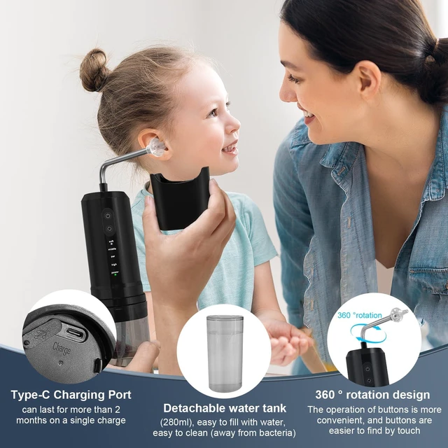 Alt view image 7 of 7 - Ear Wax Removal, Electric Ear Irrigation Flushing System, Water Powered Ear Cleaner with 4 Pressure Modes, 6 Reusable Replacement Tips, Safe and Effective Ear Cleaning Tool for Adults (Black)