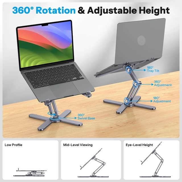 Alt view image 2 of 7 - 360° Rotating Laptop Stand Riser Foldable for Desk, Space Grey | Aluminium Aolly, Tool-free Adjustable Height Angles, Collaborative Work, Easy Storage, Fits 11"-17" MacBook Pro/Air, Dell, HP