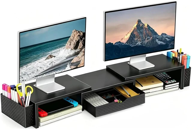 Main image of Dual Monitor Stand Riser with Drawer and 2 Pen Holders | Monitor Riser Desk Organizers and Accessories,Desk Accessories & Workspace Desktop Organizers for Office Supplies (Black)