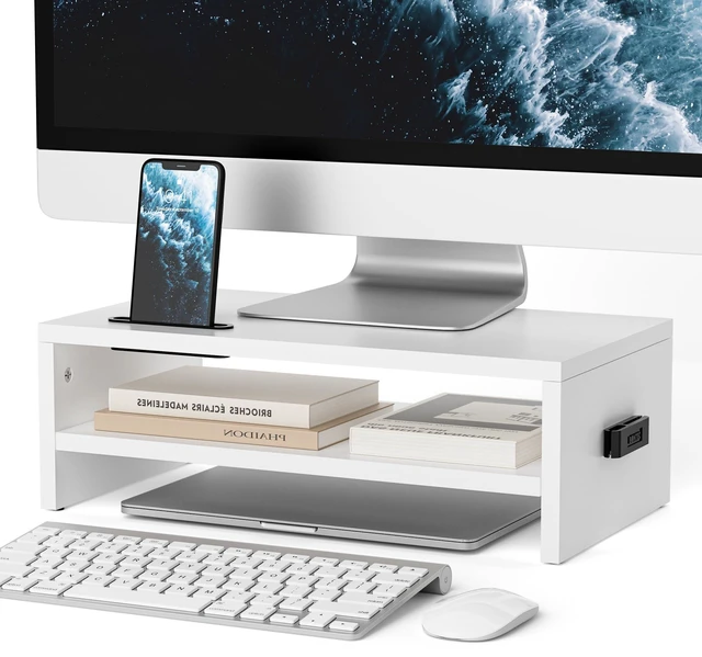 Main image of Wooden Monitor Stand Riser for Desk, 2-Tier Computer Monitor Stand | 66 lbs Desk Shelf Organizer with Storage, Laptop & Printer Stand with Phone Holder and Cable Management, White, 16.5 Inch