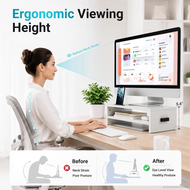 Alt view image 2 of 7 - Wooden Monitor Stand Riser for Desk, 2-Tier Computer Monitor Stand | 66 lbs Desk Shelf Organizer with Storage, Laptop & Printer Stand with Phone Holder and Cable Management, White, 16.5 Inch