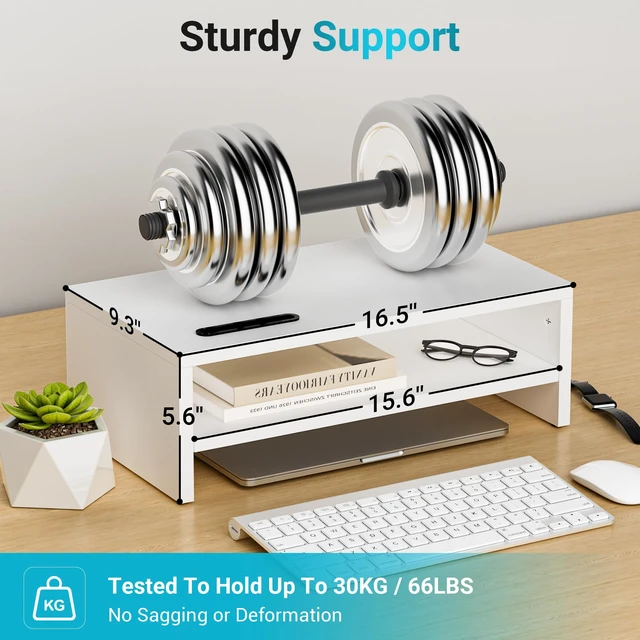 Alt view image 3 of 7 - Wooden Monitor Stand Riser for Desk, 2-Tier Computer Monitor Stand | 66 lbs Desk Shelf Organizer with Storage, Laptop & Printer Stand with Phone Holder and Cable Management, White, 16.5 Inch