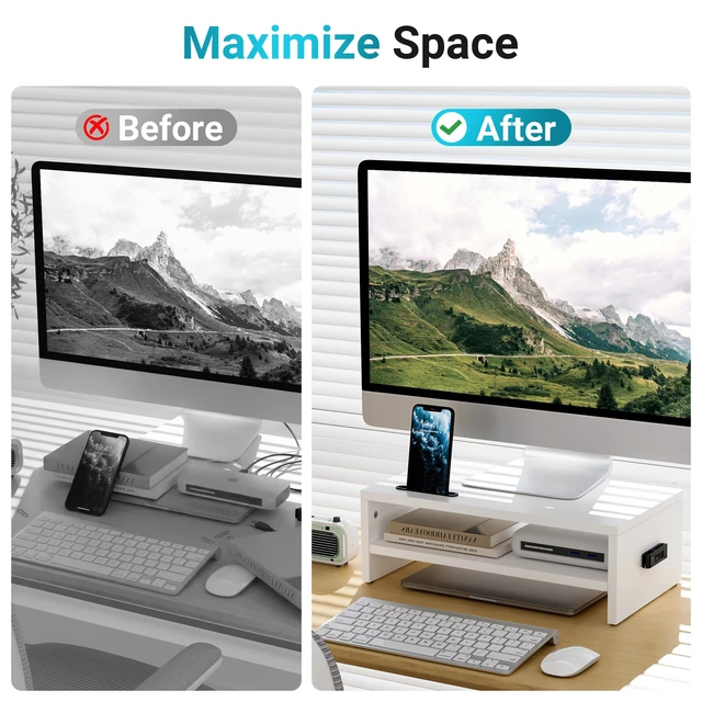 Alt view image 4 of 7 - Wooden Monitor Stand Riser for Desk, 2-Tier Computer Monitor Stand | 66 lbs Desk Shelf Organizer with Storage, Laptop & Printer Stand with Phone Holder and Cable Management, White, 16.5 Inch