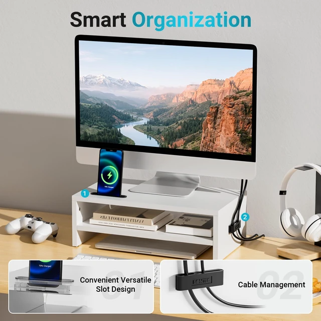 Alt view image 5 of 7 - Wooden Monitor Stand Riser for Desk, 2-Tier Computer Monitor Stand | 66 lbs Desk Shelf Organizer with Storage, Laptop & Printer Stand with Phone Holder and Cable Management, White, 16.5 Inch