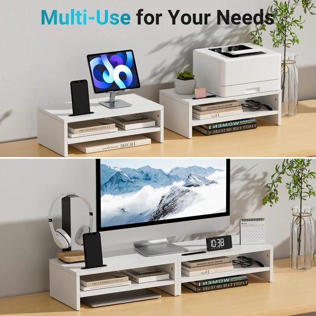 Alt view image 7 of 7 - Wooden Monitor Stand Riser for Desk, 2-Tier Computer Monitor Stand | 66 lbs Desk Shelf Organizer with Storage, Laptop & Printer Stand with Phone Holder and Cable Management, White, 16.5 Inch